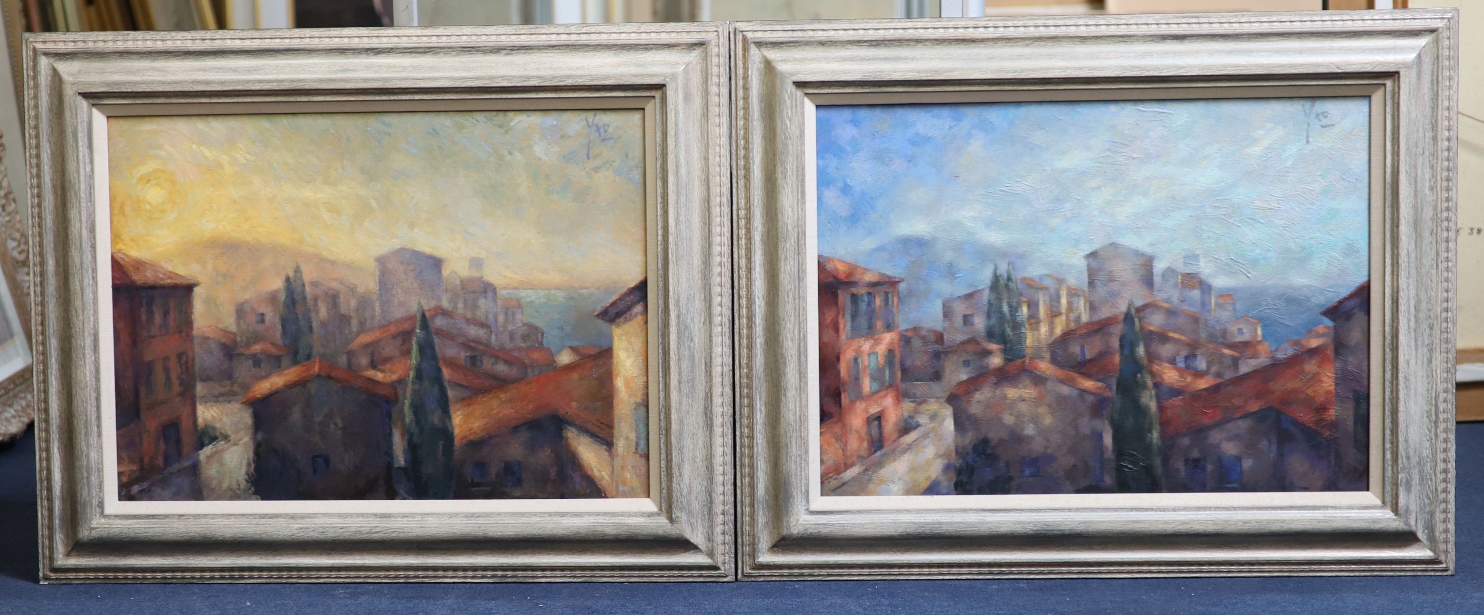 Jonathan Yeo (1970-), Biot Village I & II, Oil on canvas, a pair, 40 x 55cm.